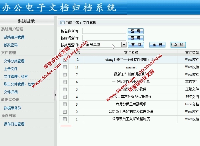 办公电子文档归档系统包含以下模块:系统用户管理,文件分类管理